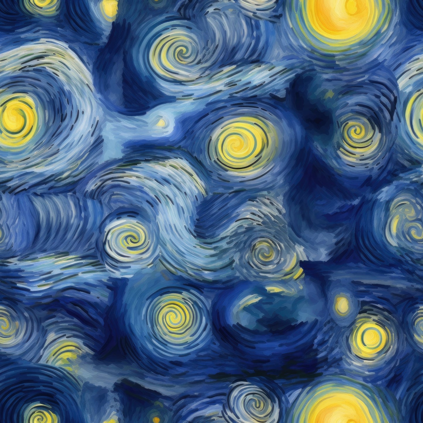 starry night, swirling patterns, deep blue, bright yellow, night sky, stars, spiral motifs, van gogh style, impressionist, dreamy, celestial, cotton fabric, quilting panel, post-impressionist, cosmic, flowing movement, luminous stars, artistic reproduction, fabric art, navy blue