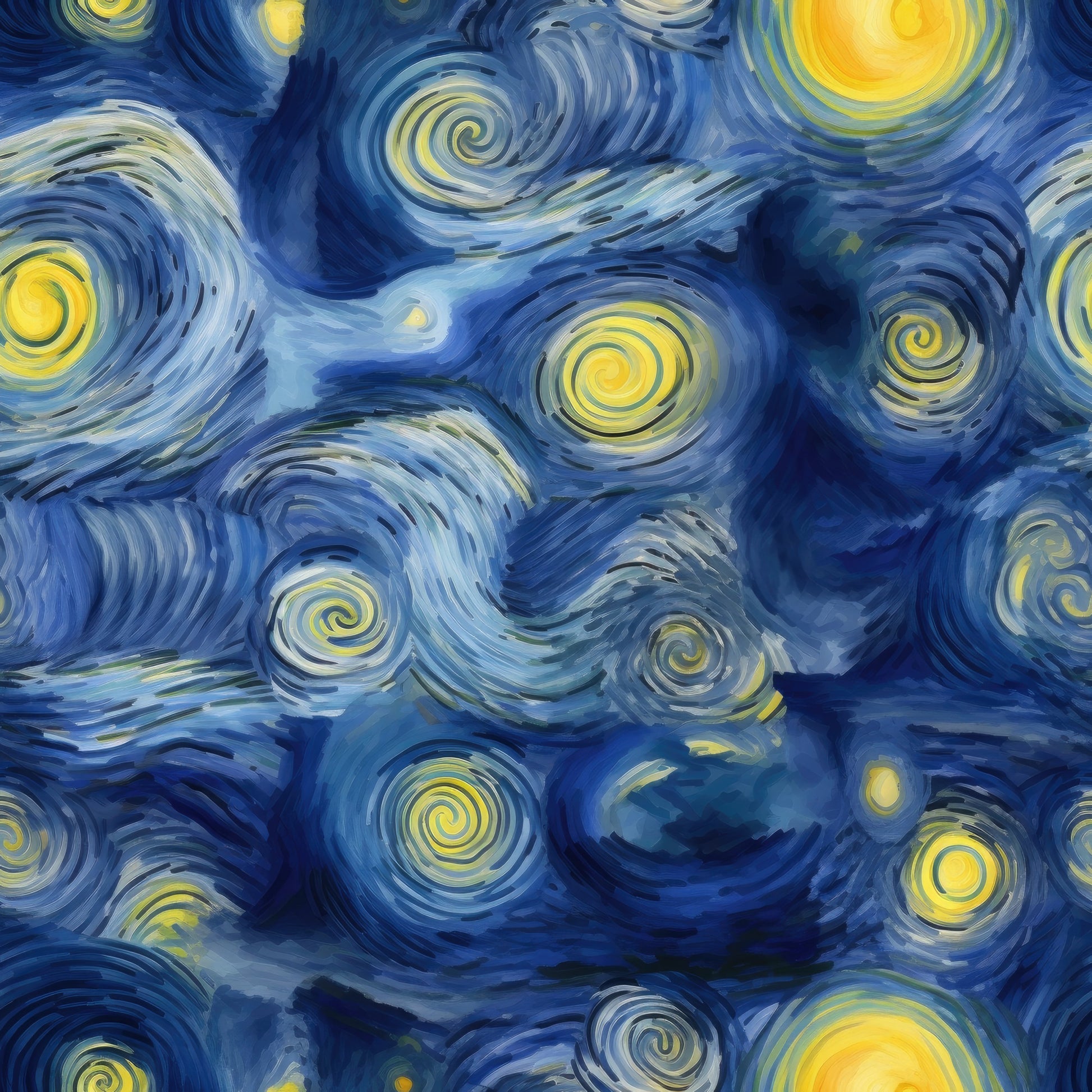 starry night, swirling patterns, deep blue, bright yellow, night sky, stars, spiral motifs, van gogh style, impressionist, dreamy, celestial, cotton fabric, quilting panel, post-impressionist, cosmic, flowing movement, luminous stars, artistic reproduction, fabric art, navy blue