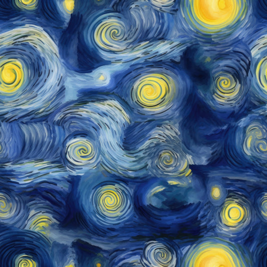 starry night, swirling patterns, deep blue, bright yellow, night sky, stars, spiral motifs, van gogh style, impressionist, dreamy, celestial, cotton fabric, quilting panel, post-impressionist, cosmic, flowing movement, luminous stars, artistic reproduction, fabric art, navy blue
