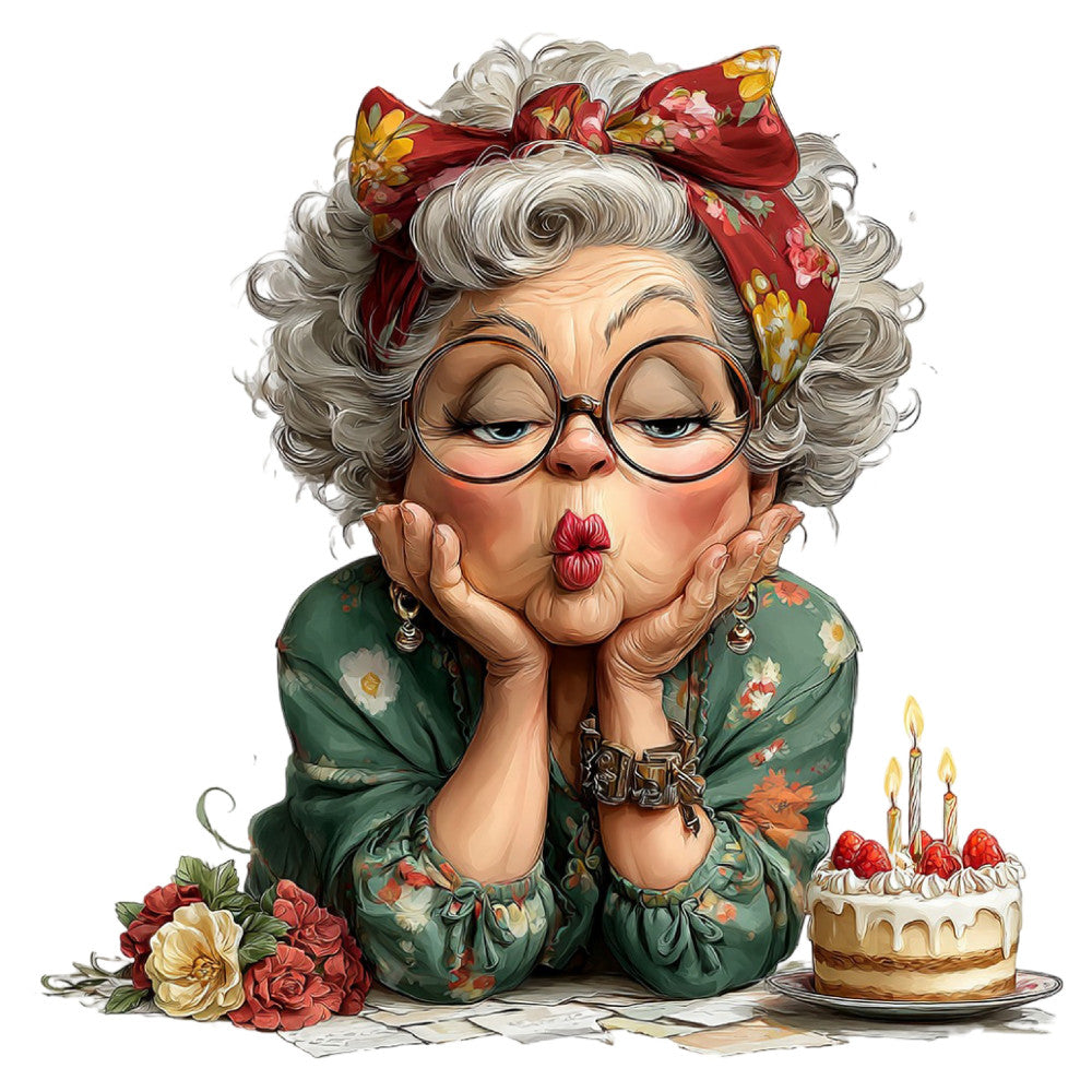 Whimsical Old Lady Birthday Fabric Panel 22