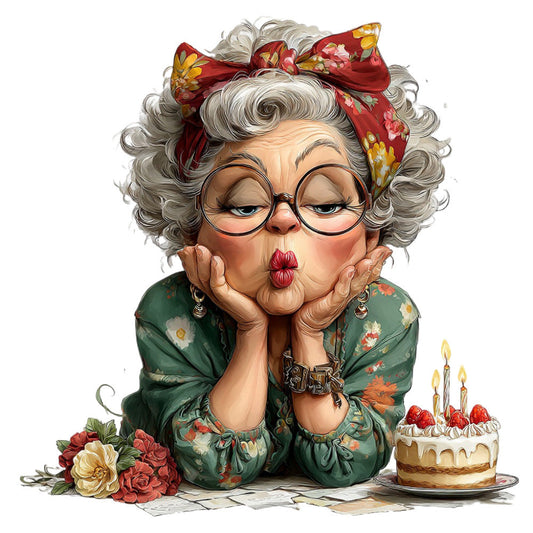 Whimsical Old Lady Birthday Fabric Panel 22