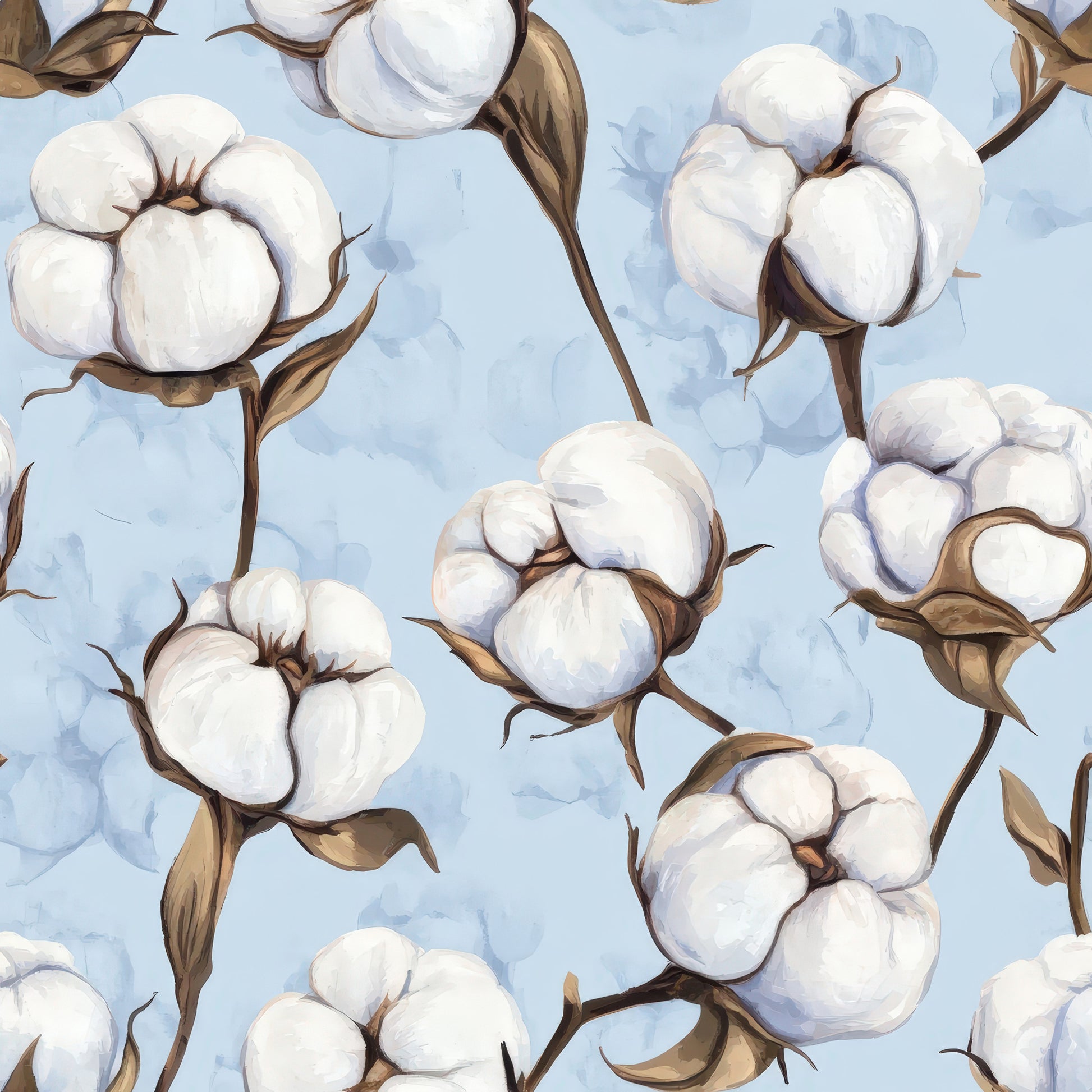 raw white, cotton bolls, light blue, sky blue, brown stems, botanical pattern, cotton plants, quilting cotton, fabric panel, natural fibers, farm theme, agricultural motif, soft colors, repeating pattern, cotton flowers, rural design, organic shapes, country style, harvest theme