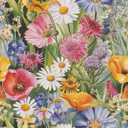 wildflowers, botanical, floral pattern, watercolor style, pink poppies, white daisies, purple asters, orange blooms, blue flowers, yellow centers, green foliage, meadow flowers, nature scene, quilting cotton, fabric panel, garden theme, spring flowers, delicate petals, colorful blooms, artistic rendering