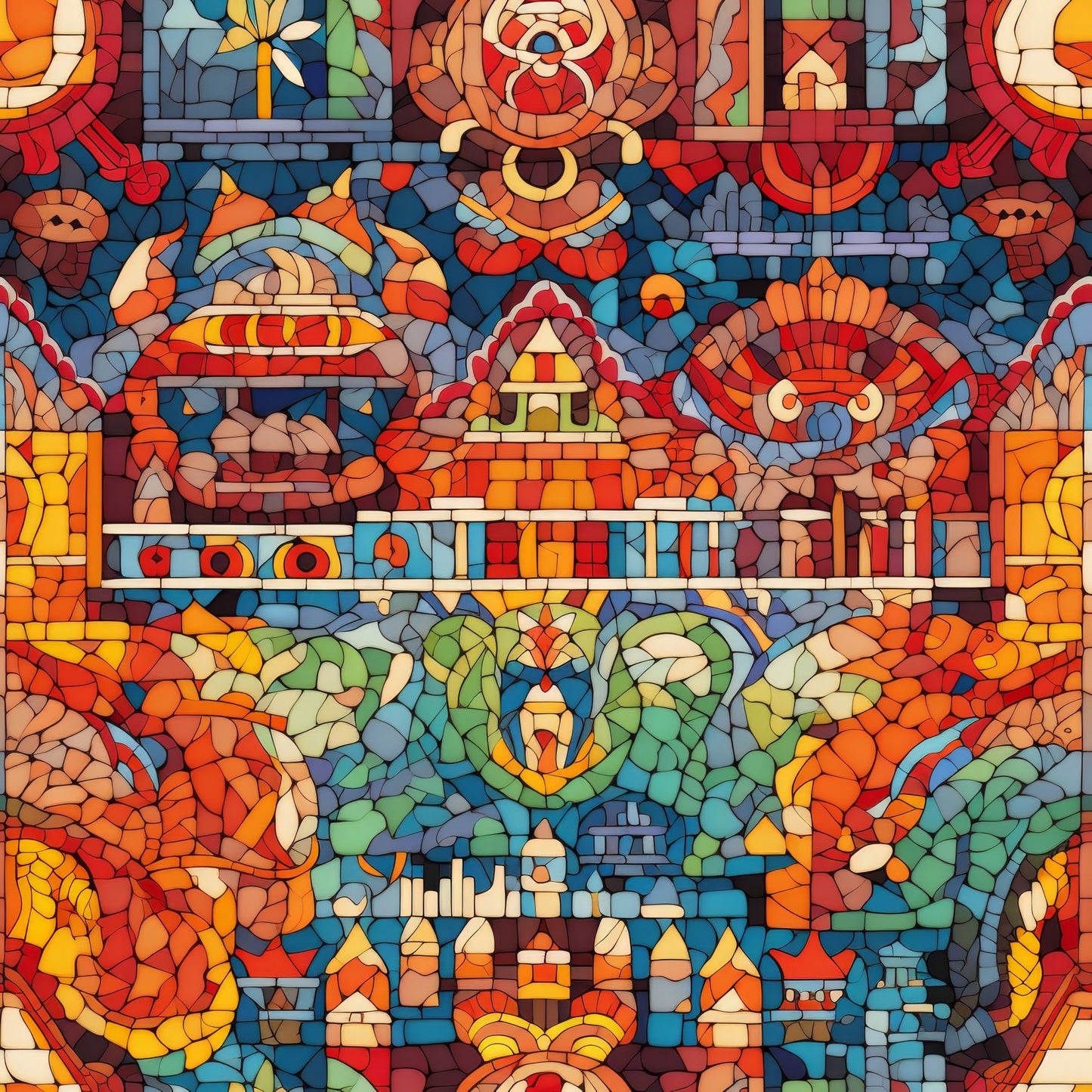 mosaic art, stained glass, geometric patterns, red, orange, blue, green, yellow, burgundy, teal, amber, jewel tones, serpent, snake, pyramid, temple, architectural elements, ancient motifs, vibrant colors, quilting cotton, fabric panel, intricate design, tessellated, colorful blocks