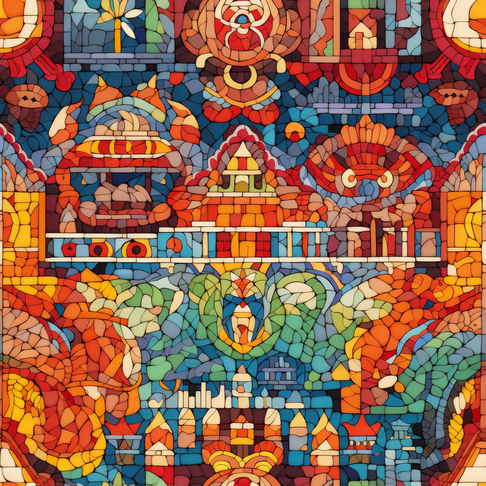 mosaic art, stained glass, geometric patterns, red, orange, blue, green, yellow, burgundy, teal, amber, jewel tones, serpent, snake, pyramid, temple, architectural elements, ancient motifs, vibrant colors, quilting cotton, fabric panel, intricate design, tessellated, colorful blocks