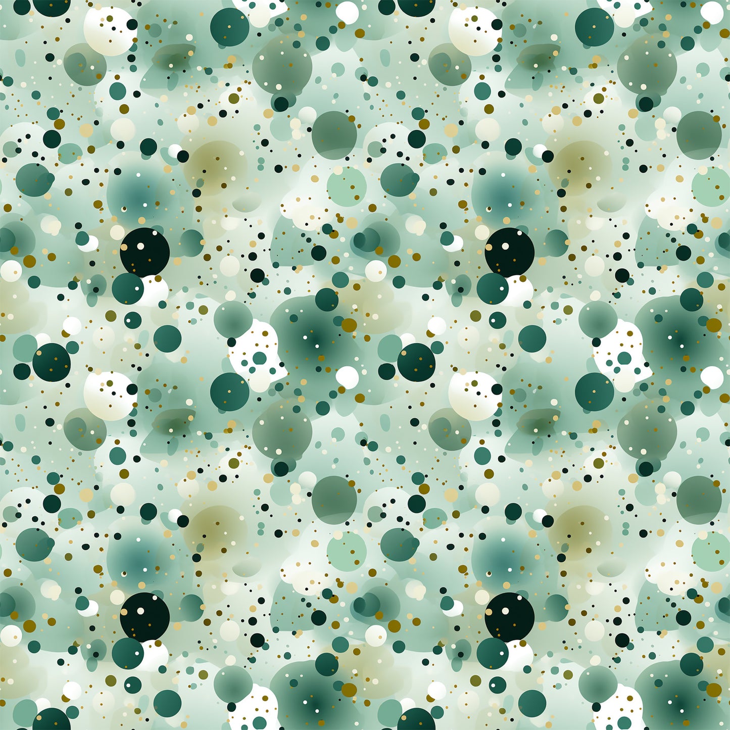 green, sage green, forest green, white, cream, gold, olive, confetti pattern, polka dots, circles, scattered dots, abstract design, geometric pattern, modern style, quilting cotton, fabric panel, contemporary, playful, spotted design, dotted fabric, crafting material