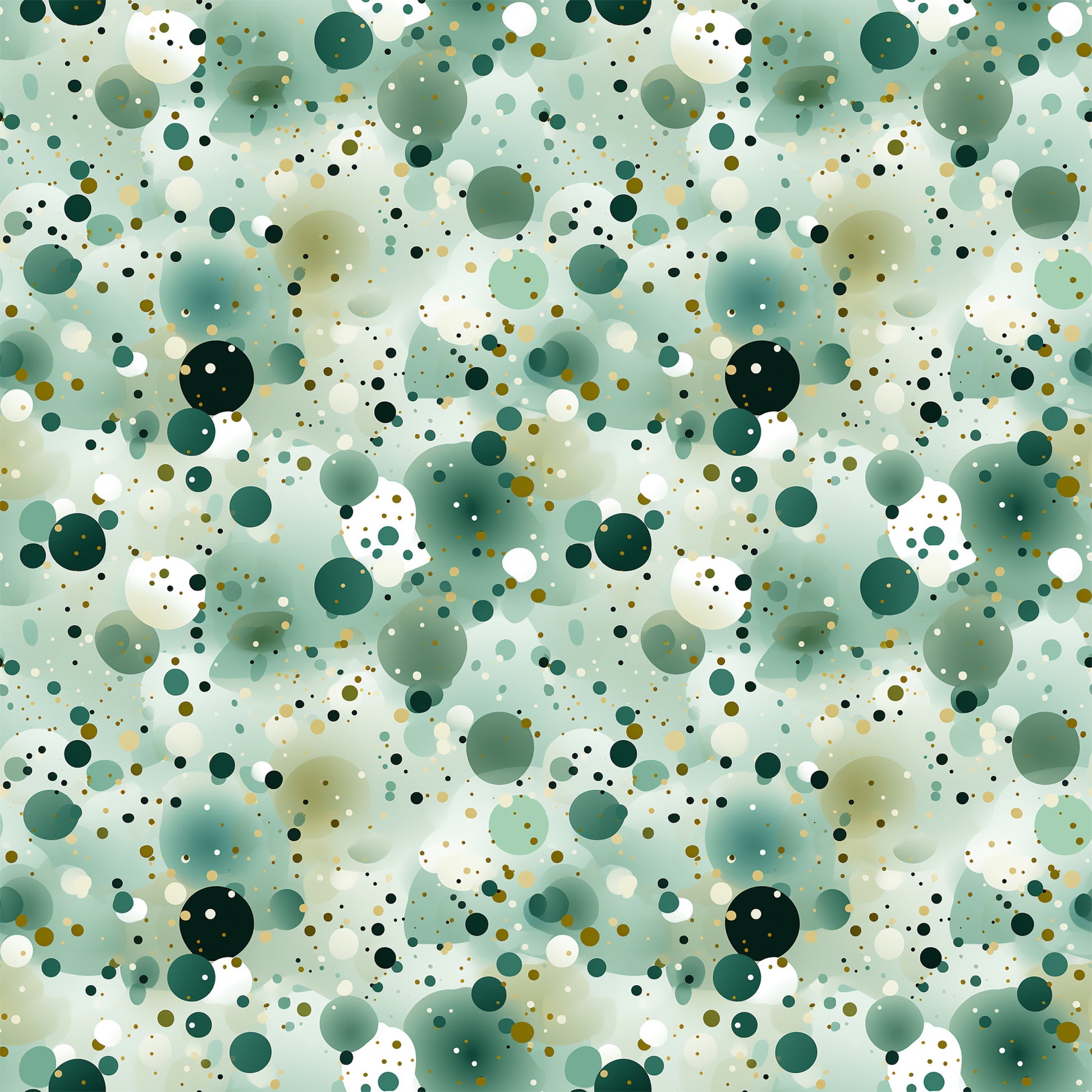 green, sage green, forest green, white, cream, gold, olive, confetti pattern, polka dots, circles, scattered dots, abstract design, geometric pattern, modern style, quilting cotton, fabric panel, contemporary, playful, spotted design, dotted fabric, crafting material