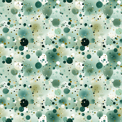 green, sage green, forest green, white, cream, gold, olive, confetti pattern, polka dots, circles, scattered dots, abstract design, geometric pattern, modern style, quilting cotton, fabric panel, contemporary, playful, spotted design, dotted fabric, crafting material