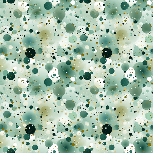 green, sage green, forest green, white, cream, gold, olive, confetti pattern, polka dots, circles, scattered dots, abstract design, geometric pattern, modern style, quilting cotton, fabric panel, contemporary, playful, spotted design, dotted fabric, crafting material