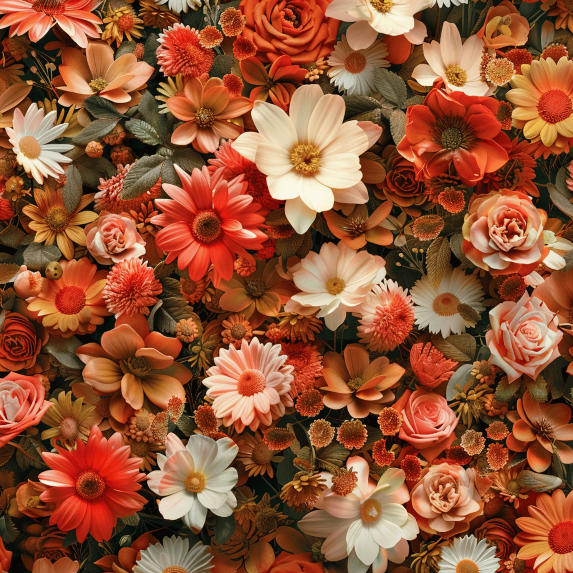 coral, peach, cream, orange, rust, salmon, realistic flowers, floral pattern, roses, daisies, gerbera, chrysanthemums, cosmos, dense blooms, autumn colors, warm tones, quilting cotton, fabric panel, botanical design, layered petals, garden flowers, fall florals