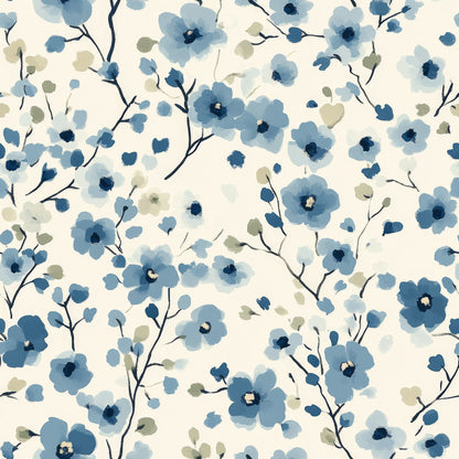 cornflower blue, cream background, watercolor flowers, delicate blooms, botanical pattern, floral branches, soft petals, nature motif, quilting cotton, fabric panel, gentle blues, sage green, navy accents, flowing stems, scattered blossoms, artistic florals, spring flowers, textile design, cotton fabric, repeating pattern