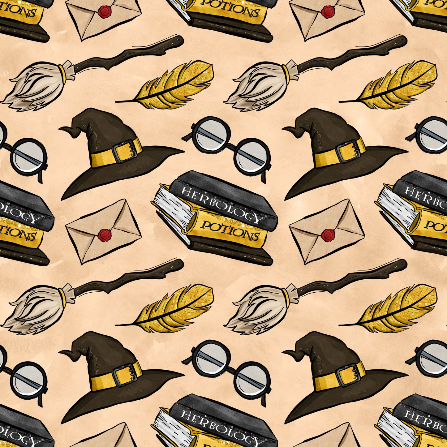 peach background, wizard hat, round glasses, broomstick, golden feather, herbology potions, sealed envelope, magical items, repeating pattern, whimsical illustration, cartoon style, quilting cotton, fabric panel, witch accessories, school supplies, yellow accents, brown tones, mystical theme, craft fabric, sewing material