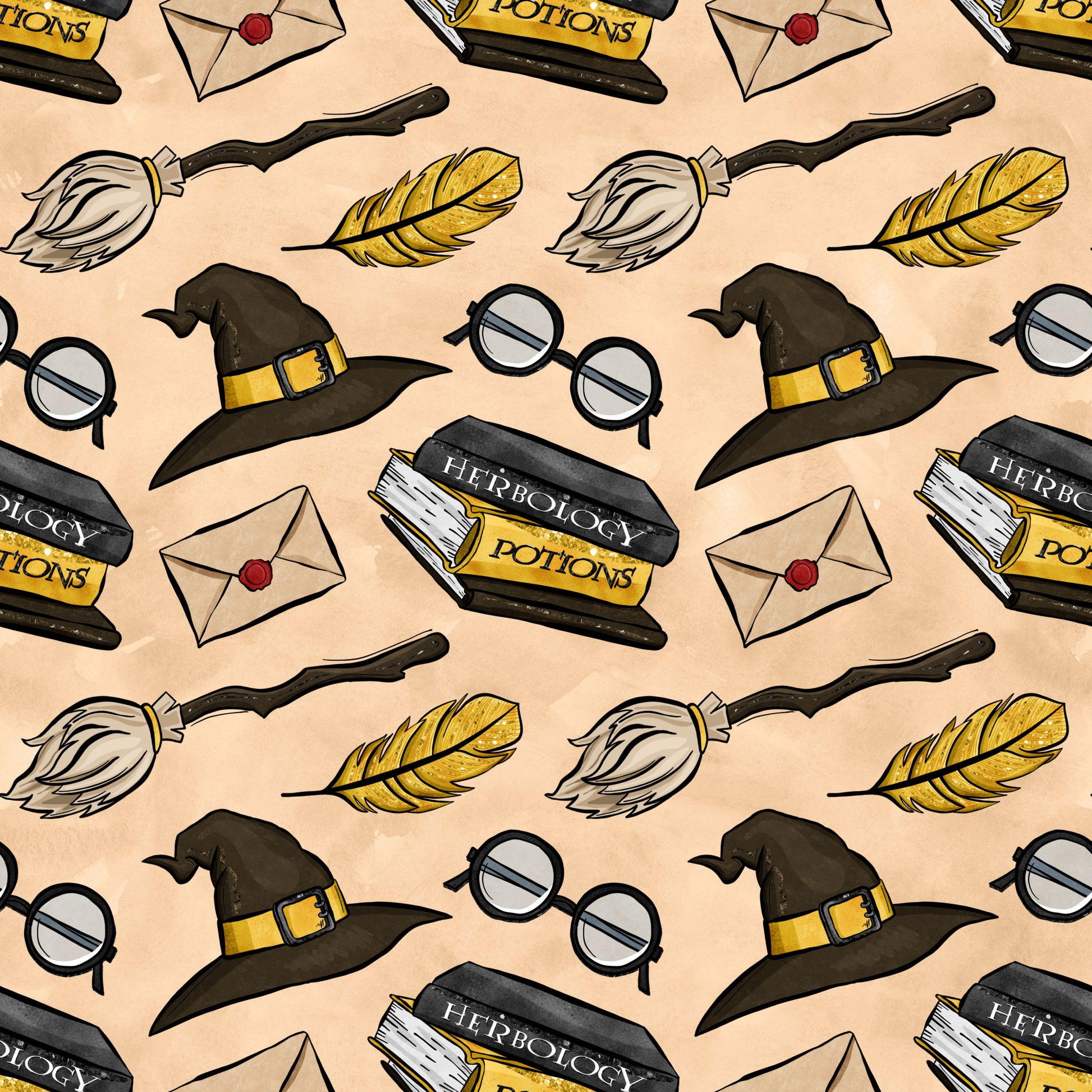 peach background, wizard hat, round glasses, broomstick, golden feather, herbology potions, sealed envelope, magical items, repeating pattern, whimsical illustration, cartoon style, quilting cotton, fabric panel, witch accessories, school supplies, yellow accents, brown tones, mystical theme, craft fabric, sewing material