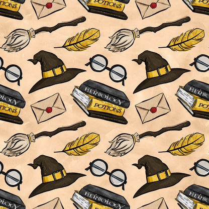peach background, wizard hat, round glasses, broomstick, golden feather, herbology potions, sealed envelope, magical items, repeating pattern, whimsical illustration, cartoon style, quilting cotton, fabric panel, witch accessories, school supplies, yellow accents, brown tones, mystical theme, craft fabric, sewing material