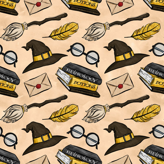 peach background, wizard hat, round glasses, broomstick, golden feather, herbology potions, sealed envelope, magical items, repeating pattern, whimsical illustration, cartoon style, quilting cotton, fabric panel, witch accessories, school supplies, yellow accents, brown tones, mystical theme, craft fabric, sewing material