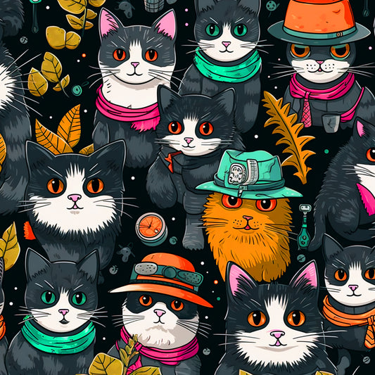 cats, suspicious eyes, dark background, orange eyes, green eyes, colorful scarves, winter hats, autumn leaves, quilting cotton, fabric panel, whimsical illustration, teal, magenta, orange, gray cats, white cats, orange cat, cartoon style, playful design, seasonal accessories, mystical mood