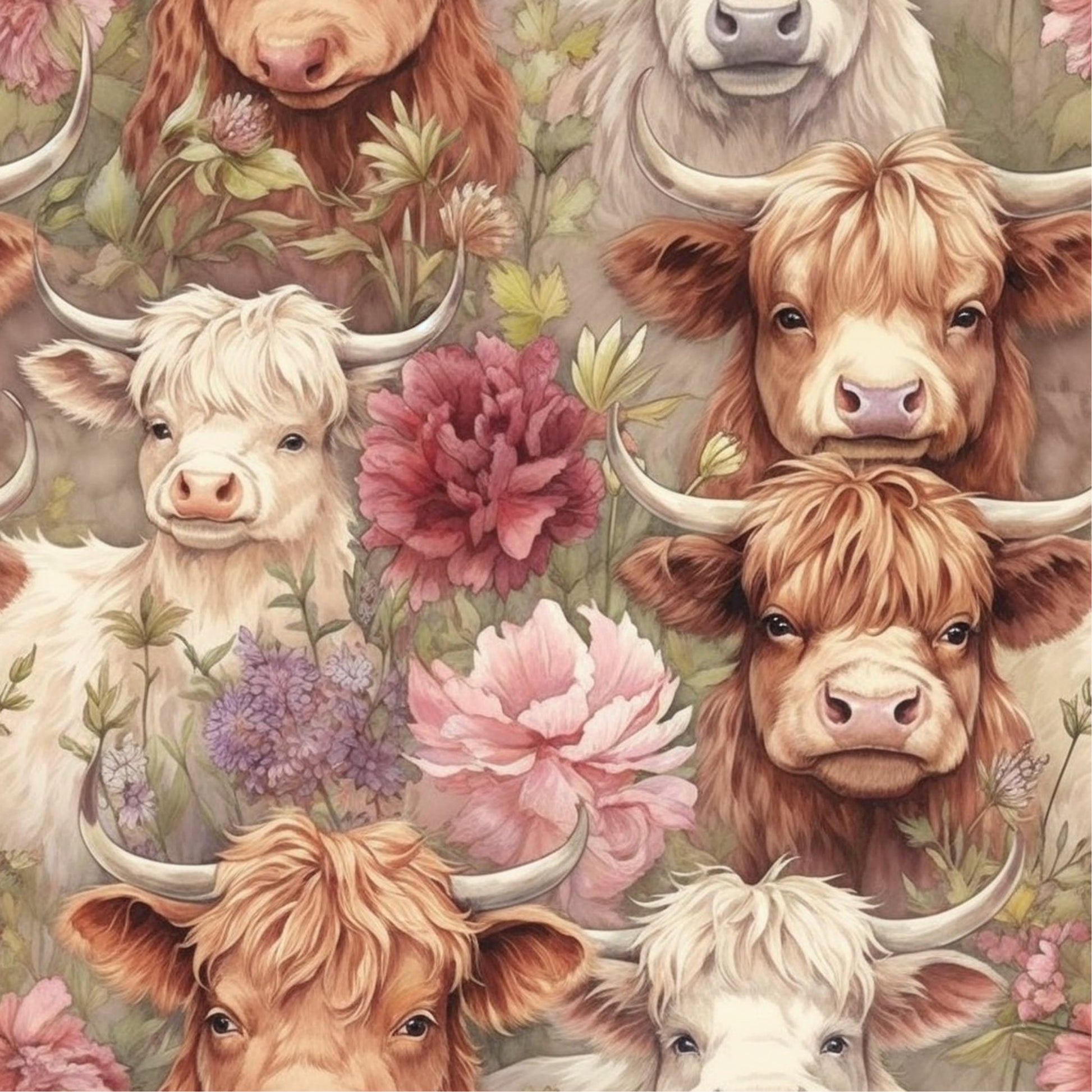 - Pretty Highland Cows Pattern 20 Quilting Cotton Fabric  
- Highland cows  
- Brown, cream, beige, white colors  
- Floral elements  
- Quilting cotton fabric  
- Natural, rustic, pastoral  
- Farm animals  
- Country style  
- Soft texture  
- Decorative textile