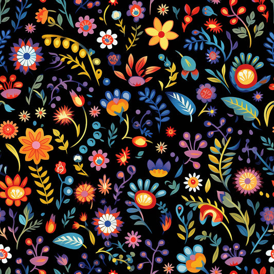 mexican floral, folk art, vibrant colors, black background, orange flowers, blue leaves, yellow petals, red blooms, purple berries, quilting cotton, fabric panel, botanical motifs, festive pattern, colorful florals, decorative flowers, craft fabric, sewing material, bright hues, floral fiesta, mexican inspired