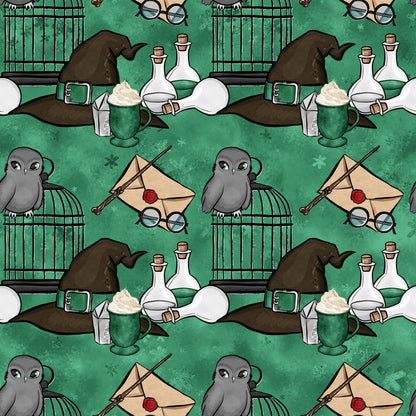 emerald green, forest green, wizard hat, potion bottles, owl, birdcage, magic wand, envelope, round glasses, butterbeer mug, quilting cotton, fabric panel, magical theme, wizard school, repeating pattern, whimsical illustration, cartoon style, fantasy elements, cork bottles, wax seal