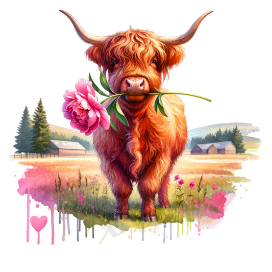 Floral Highland Cow Fabric Panel 3
