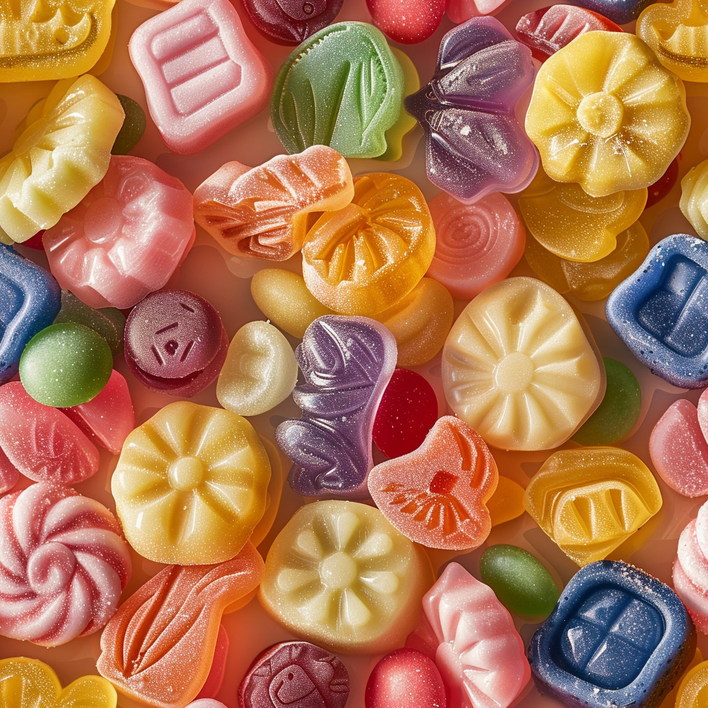 candy, gummies, hard candy, colorful sweets, pink, yellow, orange, purple, green, blue, red, floral shapes, geometric patterns, translucent, glossy finish, junk food, confectionery, bright colors, quilting cotton, fabric panel, food themed, rainbow colors, molded candy, assorted treats