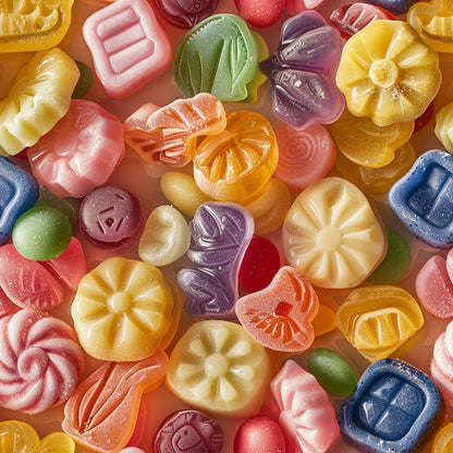 candy, gummies, hard candy, colorful sweets, pink, yellow, orange, purple, green, blue, red, floral shapes, geometric patterns, translucent, glossy finish, junk food, confectionery, bright colors, quilting cotton, fabric panel, food themed, rainbow colors, molded candy, assorted treats