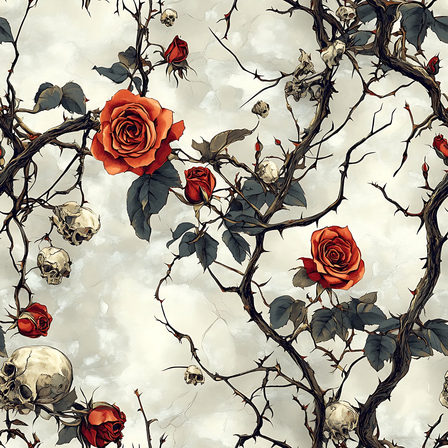 thorny branches, red roses, orange roses, human skulls, bone white, deep red, sage green, dark brown, gothic pattern, macabre design, thorn vines, floral skulls, spooky botanical, halloween theme, quilting cotton, fabric panel, moody atmosphere, contrast design, scattered skulls, rose buds