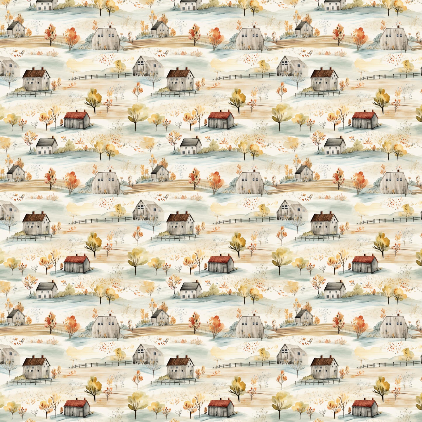 watercolor houses, autumn foliage, rustic cottages, rolling hills, farmhouse style, pastoral landscape, orange trees, yellow leaves, weathered barns, country scene, quilting cotton, fabric panel, muted palette, whimsical illustration, rural village, fall colors, sage green, warm browns, repeating pattern, countryside motif