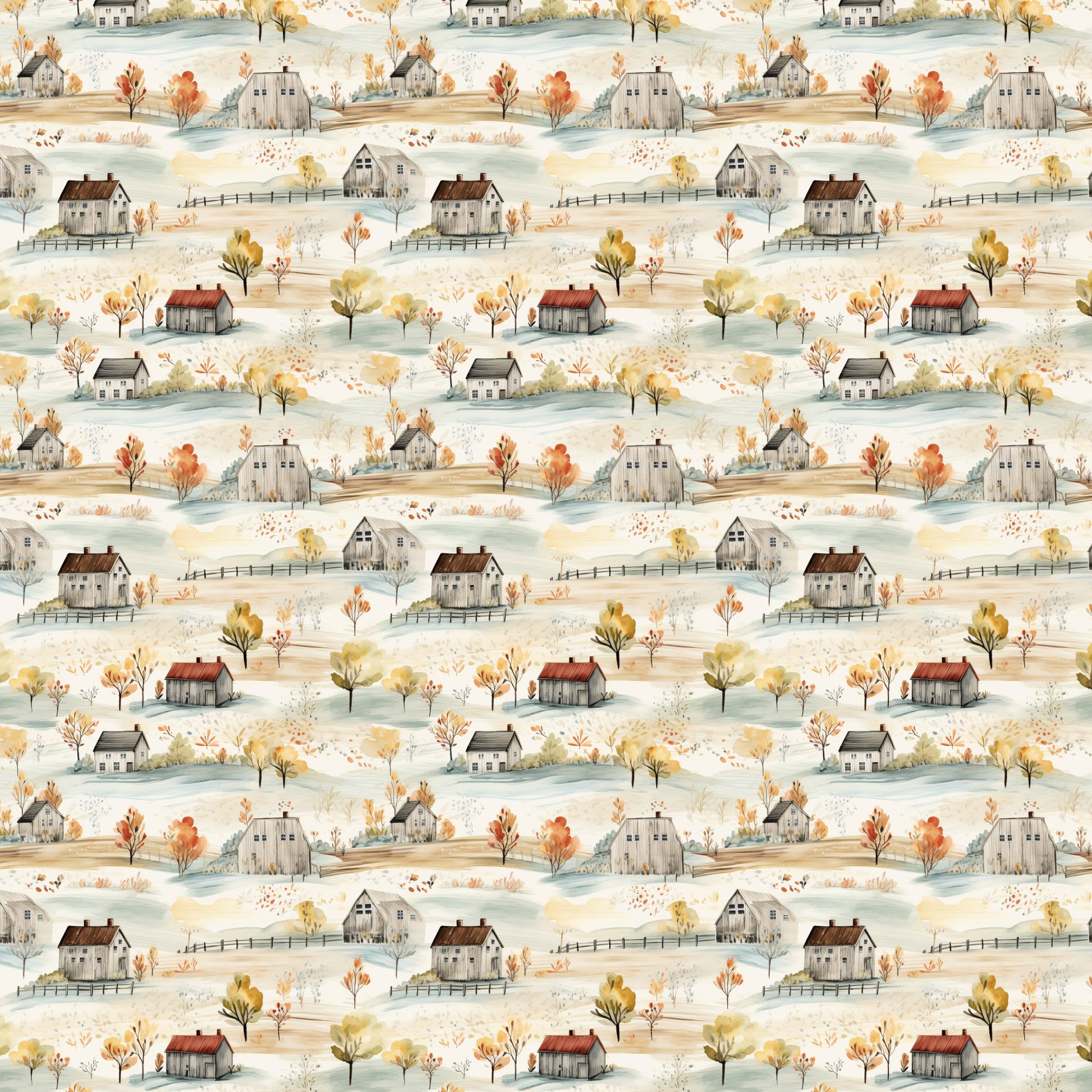 watercolor houses, autumn foliage, rustic cottages, rolling hills, farmhouse style, pastoral landscape, orange trees, yellow leaves, weathered barns, country scene, quilting cotton, fabric panel, muted palette, whimsical illustration, rural village, fall colors, sage green, warm browns, repeating pattern, countryside motif