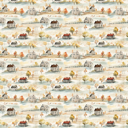 watercolor houses, autumn foliage, rustic cottages, rolling hills, farmhouse style, pastoral landscape, orange trees, yellow leaves, weathered barns, country scene, quilting cotton, fabric panel, muted palette, whimsical illustration, rural village, fall colors, sage green, warm browns, repeating pattern, countryside motif