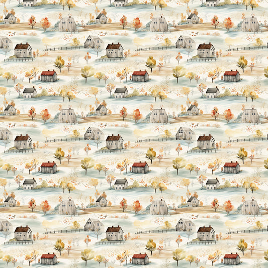 watercolor houses, autumn foliage, rustic cottages, rolling hills, farmhouse style, pastoral landscape, orange trees, yellow leaves, weathered barns, country scene, quilting cotton, fabric panel, muted palette, whimsical illustration, rural village, fall colors, sage green, warm browns, repeating pattern, countryside motif