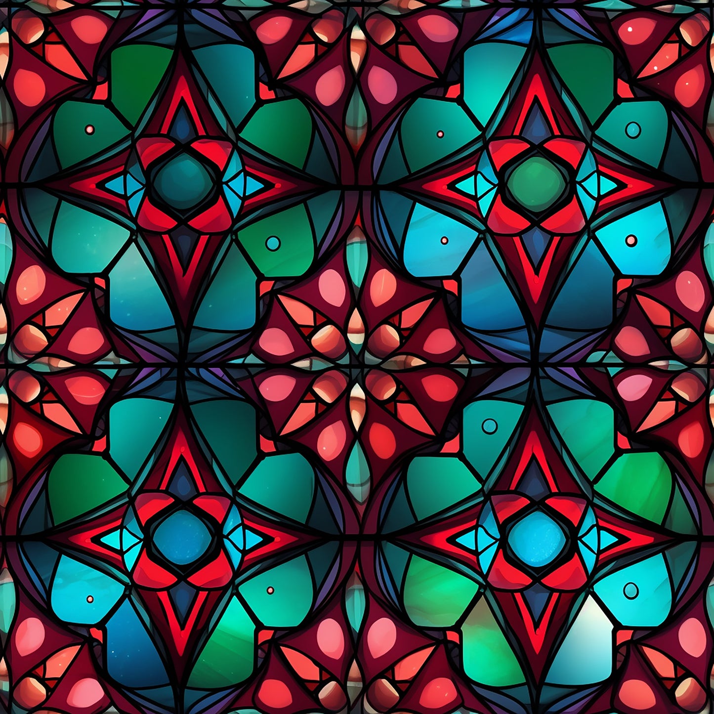 stained glass, christmas pattern, quilting cotton, fabric panel, geometric design, kaleidoscope pattern, red, green, blue, turquoise, pink, coral, purple, mandala motifs, symmetrical design, floral elements, holiday fabric, decorative pattern, vibrant colors, mosaic style