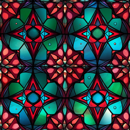 stained glass, christmas pattern, quilting cotton, fabric panel, geometric design, kaleidoscope pattern, red, green, blue, turquoise, pink, coral, purple, mandala motifs, symmetrical design, floral elements, holiday fabric, decorative pattern, vibrant colors, mosaic style