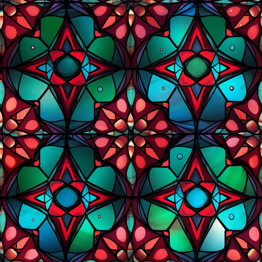 stained glass, christmas pattern, quilting cotton, fabric panel, geometric design, kaleidoscope pattern, red, green, blue, turquoise, pink, coral, purple, mandala motifs, symmetrical design, floral elements, holiday fabric, decorative pattern, vibrant colors, mosaic style