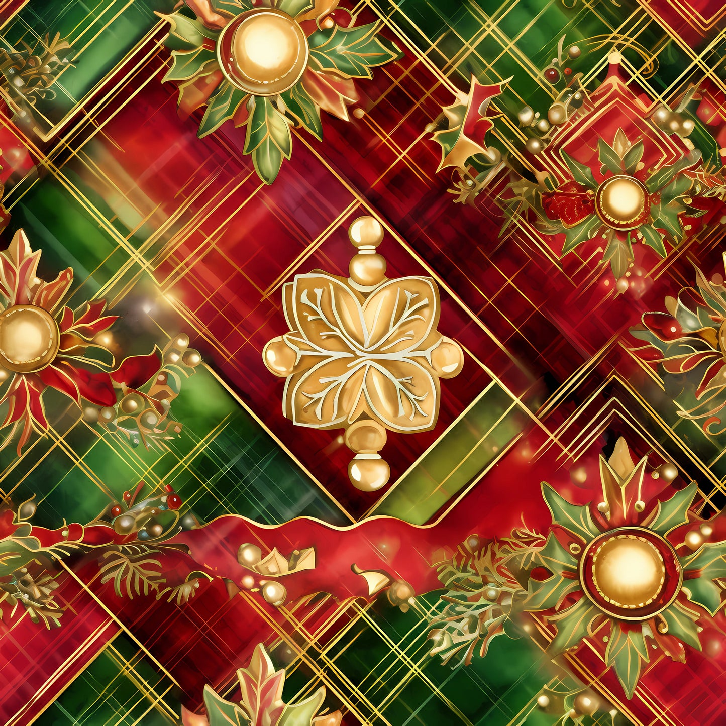red, green, gold, christmas, holiday, ornamental, geometric diamonds, plaid pattern, metallic accents, decorative motifs, quilting cotton, fabric panel, festive, seasonal, ornate design, diamond shapes, holiday ornaments, luxurious, shimmery gold, winter theme