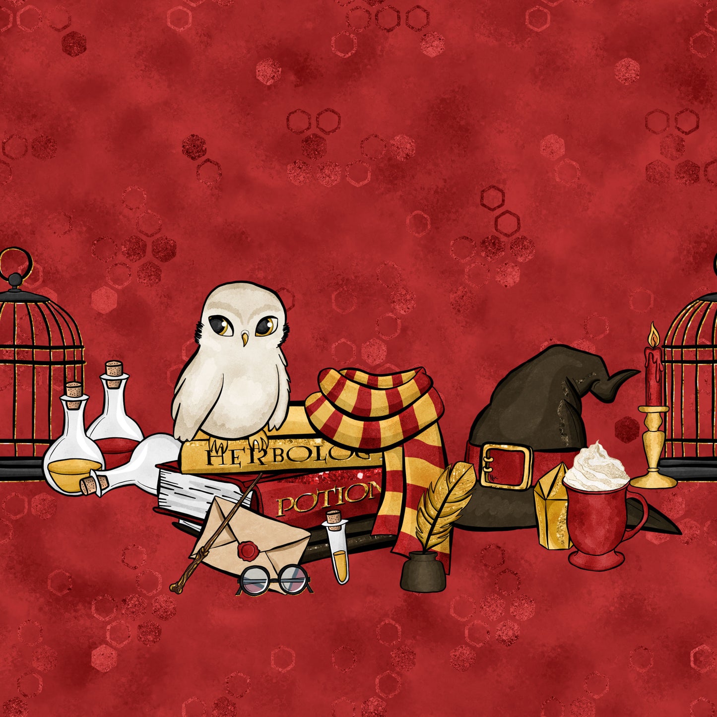 red background, white owl, magical potions, wizard hat, spell books, quill feather, glass bottles, birdcage, striped scarf, round glasses, enchanted items, fantasy theme, quilting cotton, fabric panel, mystical scene, potion bottles, magical school, crimson red, whimsical illustration, wizarding supplies