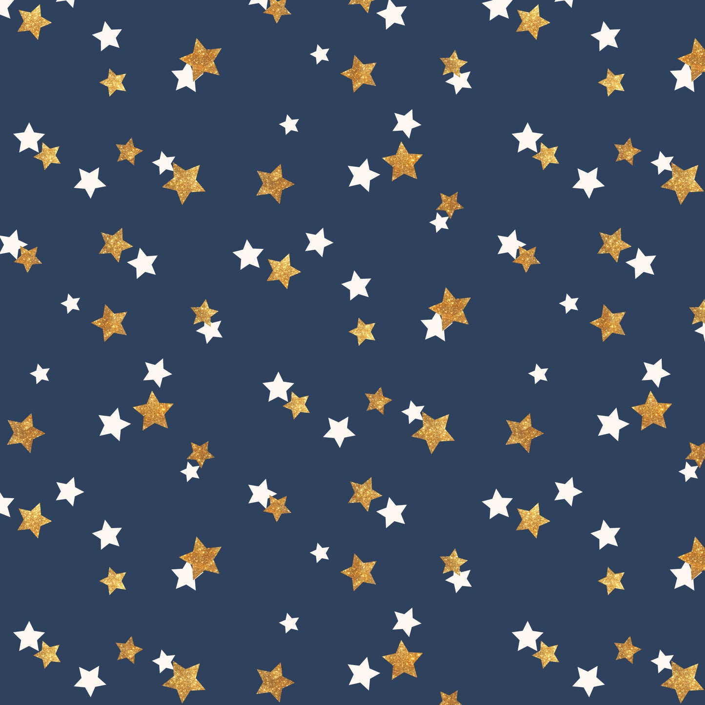 navy blue, gold, white, stars, scattered pattern, celebration, festive, glittery stars, night sky, quilting cotton, fabric panel, celestial design, random placement, two-tone stars, patriotic colors, sparkly texture, cosmic theme, cheerful mood, craft fabric, sewing material