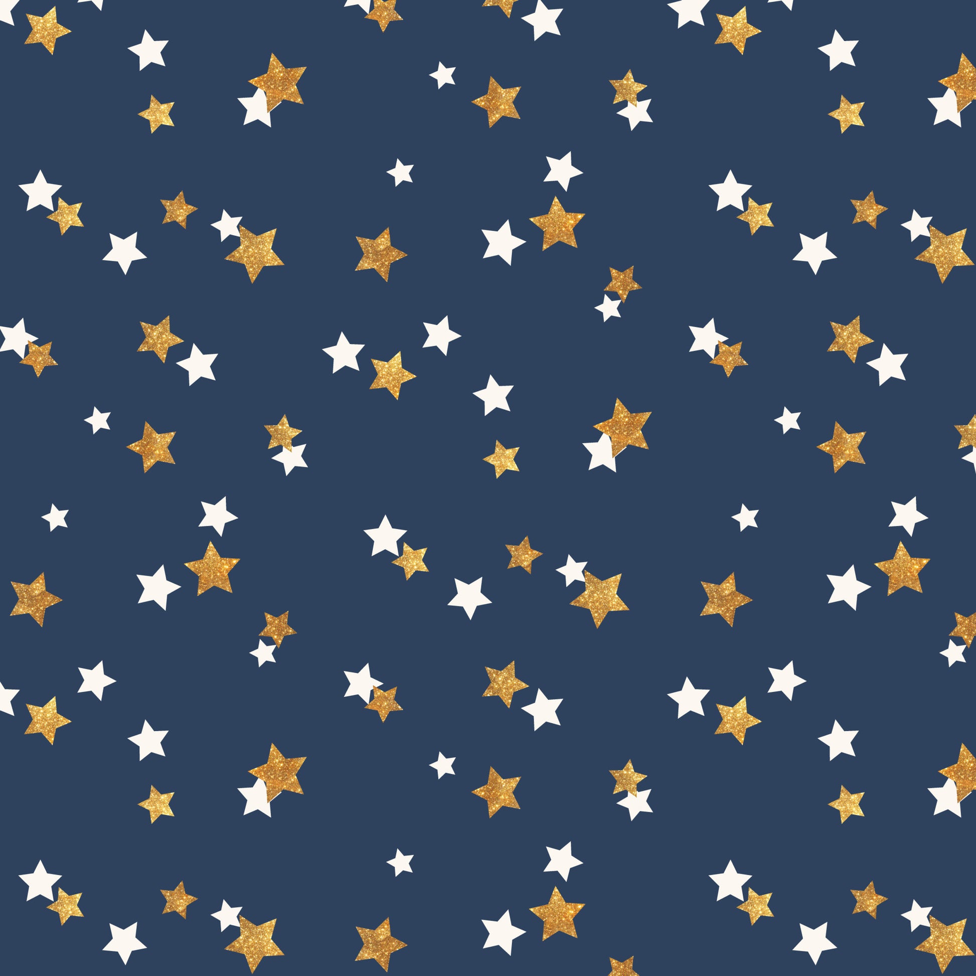 navy blue, gold, white, stars, scattered pattern, celebration, festive, glittery stars, night sky, quilting cotton, fabric panel, celestial design, random placement, two-tone stars, patriotic colors, sparkly texture, cosmic theme, cheerful mood, craft fabric, sewing material