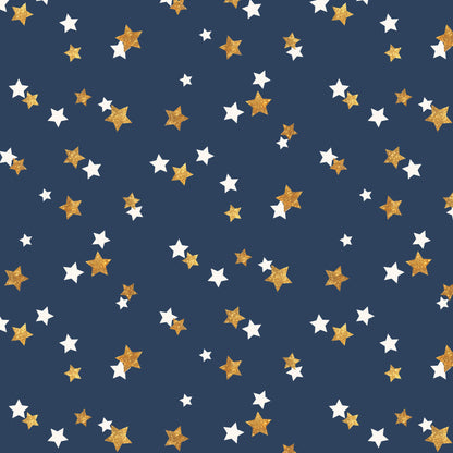 navy blue, gold, white, stars, scattered pattern, celebration, festive, glittery stars, night sky, quilting cotton, fabric panel, celestial design, random placement, two-tone stars, patriotic colors, sparkly texture, cosmic theme, cheerful mood, craft fabric, sewing material
