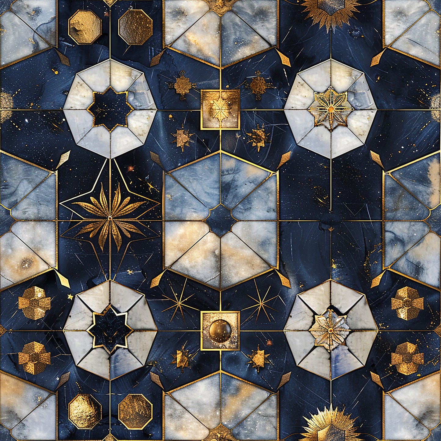 navy blue, gold accents, celestial motifs, geometric patterns, star designs, octagonal shapes, marble texture, baroque style, quilting cotton, fabric panel, ornate details, metallic gold, white marble, hexagonal tiles, decorative elements, cosmic theme, intricate geometry, luxury aesthetic, celestial bodies, ornamental design