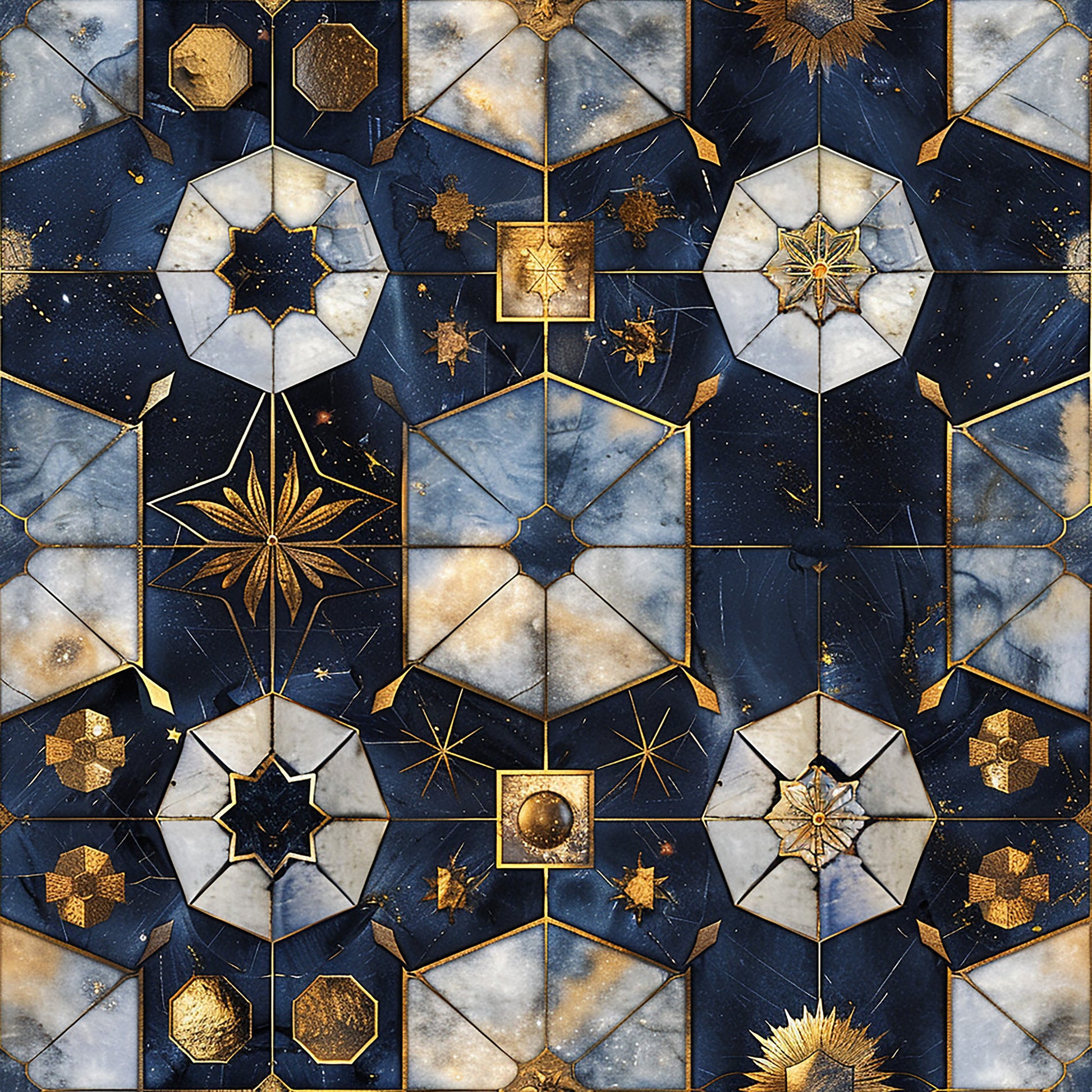navy blue, gold accents, celestial motifs, geometric patterns, star designs, octagonal shapes, marble texture, baroque style, quilting cotton, fabric panel, ornate details, metallic gold, white marble, hexagonal tiles, decorative elements, cosmic theme, intricate geometry, luxury aesthetic, celestial bodies, ornamental design