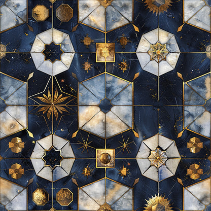 navy blue, gold accents, celestial motifs, geometric patterns, star designs, octagonal shapes, marble texture, baroque style, quilting cotton, fabric panel, ornate details, metallic gold, white marble, hexagonal tiles, decorative elements, cosmic theme, intricate geometry, luxury aesthetic, celestial bodies, ornamental design
