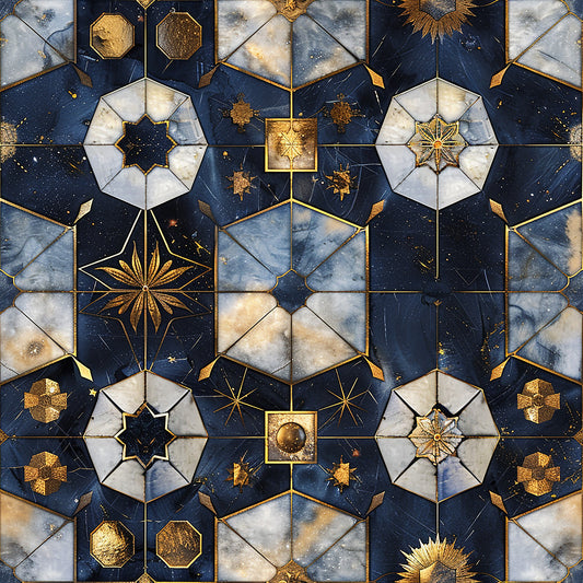 navy blue, gold accents, celestial motifs, geometric patterns, star designs, octagonal shapes, marble texture, baroque style, quilting cotton, fabric panel, ornate details, metallic gold, white marble, hexagonal tiles, decorative elements, cosmic theme, intricate geometry, luxury aesthetic, celestial bodies, ornamental design