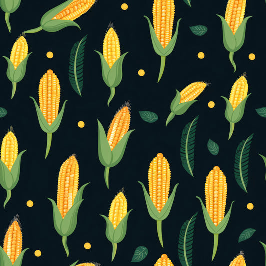 sweet corn, corn cobs, yellow kernels, golden yellow, bright orange, deep green, dark navy, black background, vegetable pattern, farm produce, corn husks, green leaves, harvest theme, food illustration, botanical design, repeating pattern, quilting cotton, fabric panel, agricultural motif, summer vegetables