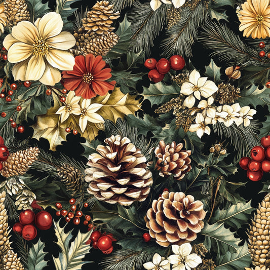 christmas fabric, pinecones, evergreen branches, red berries, cream flowers, burgundy blooms, forest green, golden yellow, botanical pattern, winter florals, holiday quilting, cotton fabric, seamless repeat, nature motifs, festive design, quilting cotton, seasonal fabric, pine needles, holly leaves, warm earth tones