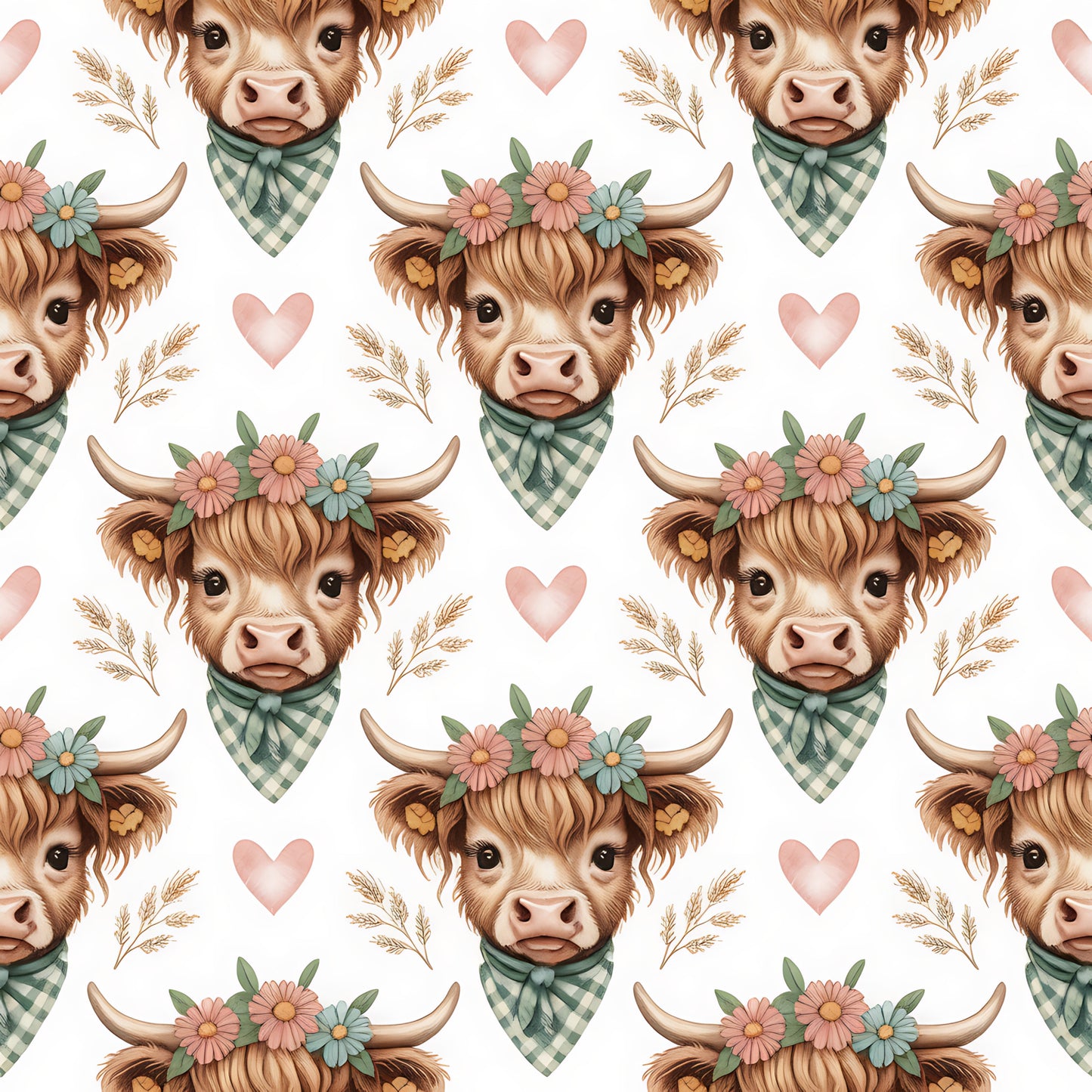 Highland Cow Heads Pattern 4 Quilting Cotton Fabric