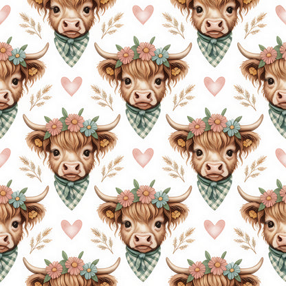 Highland Cow Heads Pattern 4 Quilting Cotton Fabric