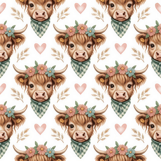 Highland Cow Heads Pattern 4 Quilting Cotton Fabric