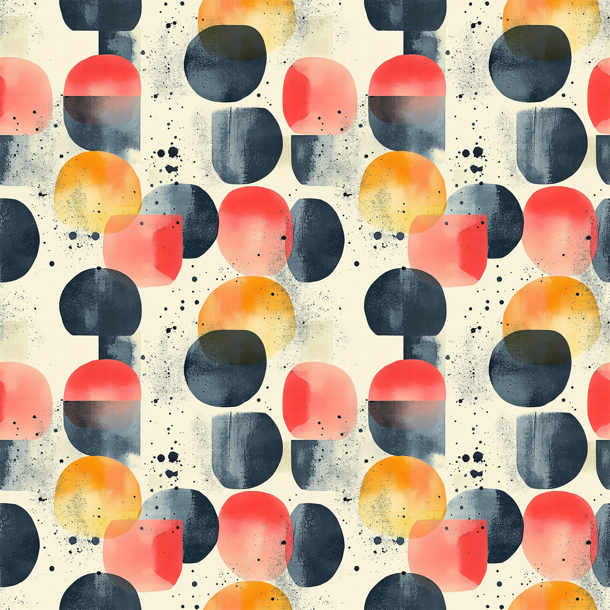 mid century modern, geometric shapes, coral red, navy blue, orange gradient, cream background, overlapping circles, abstract design, contemporary style, quilting cotton, fabric panel, watercolor effect, speckled texture, retro pattern, modern geometric, artistic circles, coral pink, minimalist design, repeated motifs, craft fabric