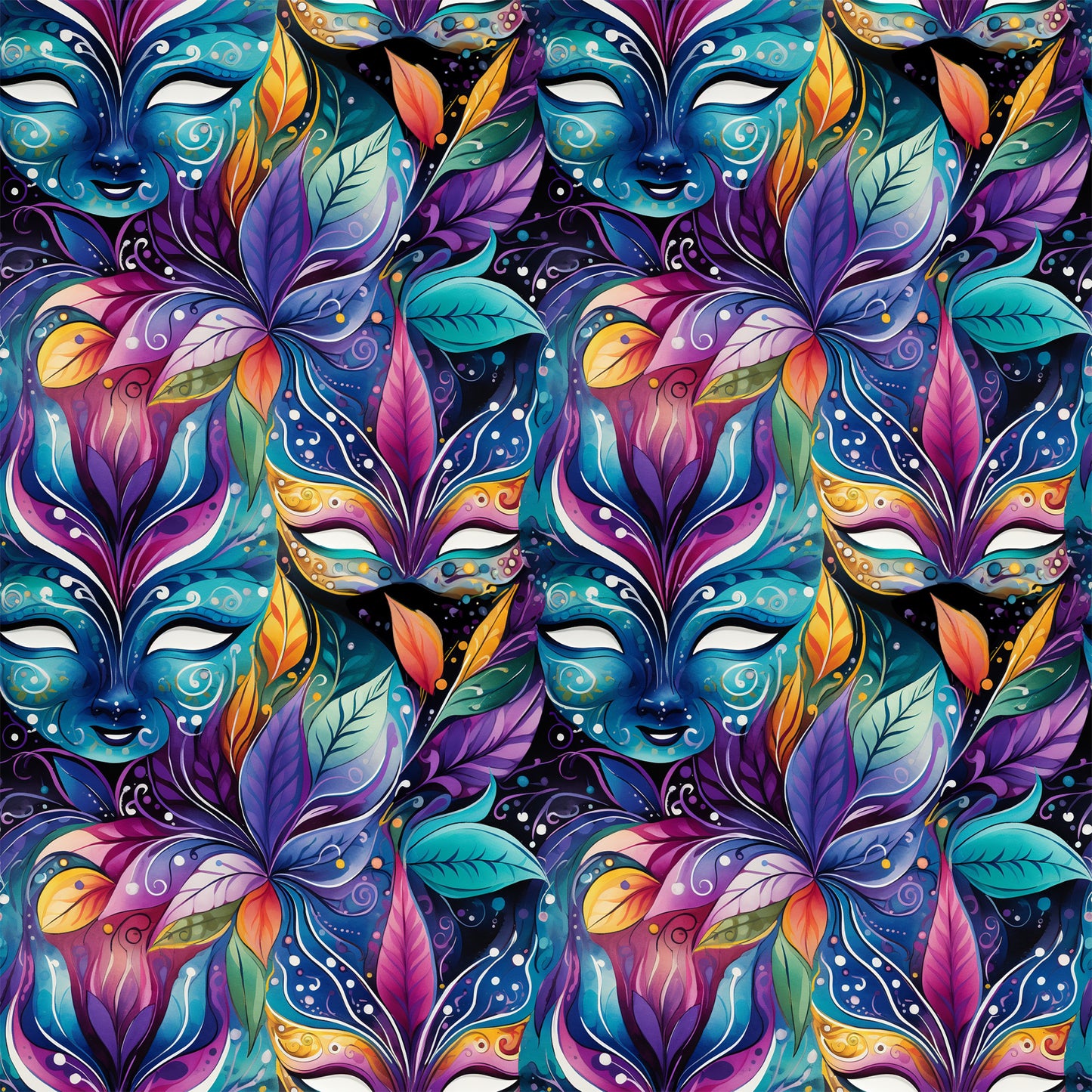 mardi gras masks, vibrant purple, teal blue, magenta pink, orange accents, yellow highlights, decorative feathers, ornate swirls, carnival theme, festive pattern, quilting cotton, fabric panel, intricate details, colorful leaves, masquerade design, repeating motif, rich jewel tones, elaborate decoration, party atmosphere